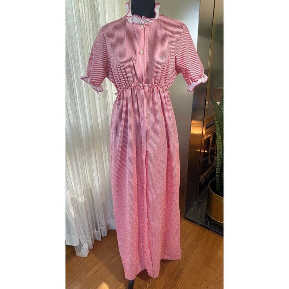 Vintage 70s dress, red striped long shirtdress with elastic waist, ruffled - Picture 1 of 9